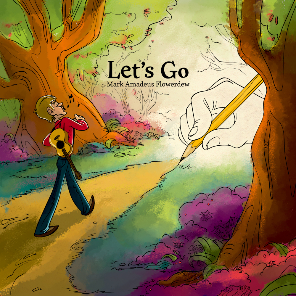 Let's Go album cover, showing an illustrated man happily walking along a path, with a giant hand drawing this path with a pencil