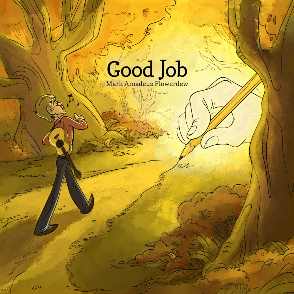 Good Job single cover, showing an illustrated man happily walking along a path, with a giant hand drawing this path with a pencil, all in shades of yellow