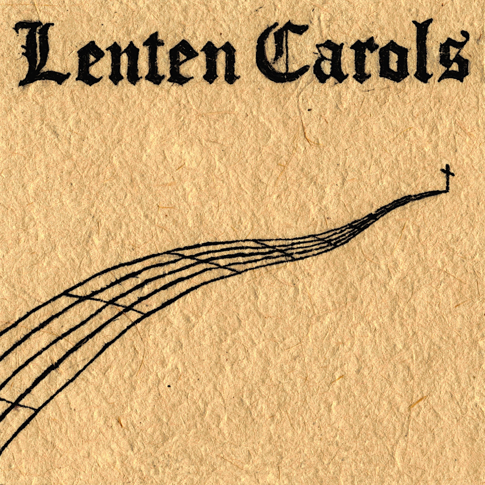 Lenten Carols album cover, showing a path made of music staves leading to a distant cross, on a parchment background