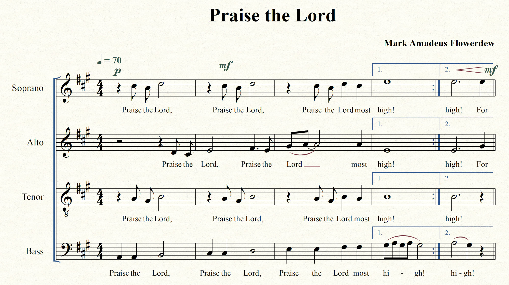 Sheet music excerpt from Praise the Lord by composer Mark Amadeus Flowerdew