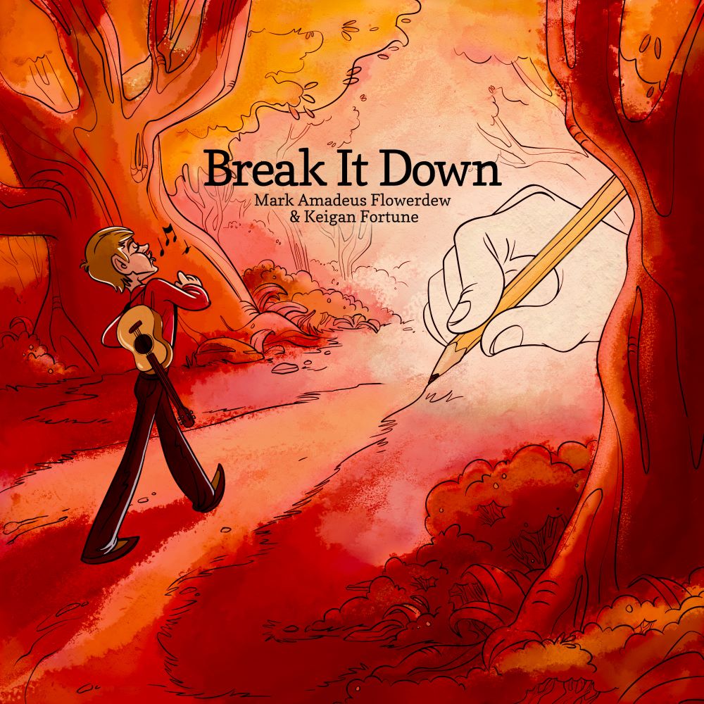 Break It Down single cover, showing an illustrated man happily walking along a path, with a giant hand drawing this path with a pencil, all in shades of red