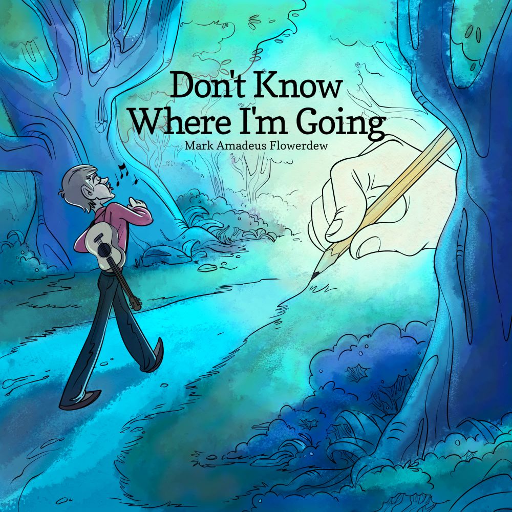 Don't Know Where I'm Going single cover, showing an illustrated man happily walking along a path, with a giant hand drawing this path with a pencil, all in shades of blue